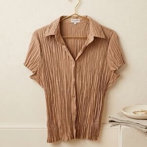 Bellissima XL Tan Micro Pleated Crinkle Button Up Coastal Minimalist Top